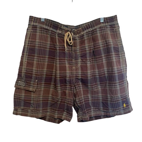 POLO by Ralph Lauren Plaid Swim Trunks Mens XXL Brown Board Shorts Beach Preppy - Picture 2 of 12